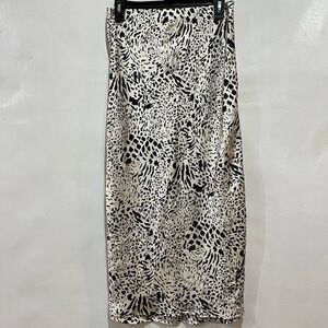 Forever‎ 21 Womens White Skirt Large Midi Satin Cheetah Print Elastic Waist